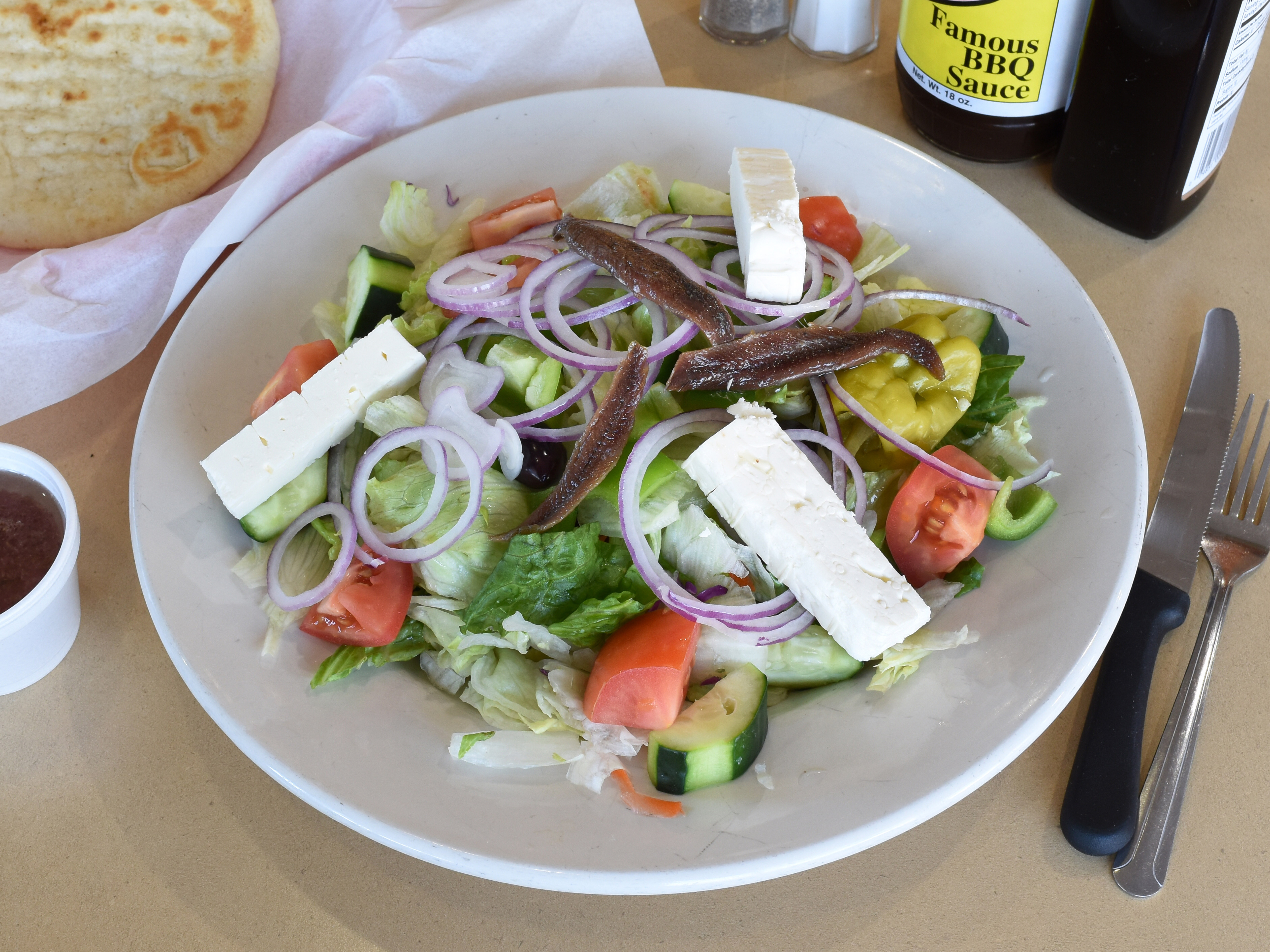 Order Greek Salad food online from Hub's Restaurant store, Skokie on bringmethat.com