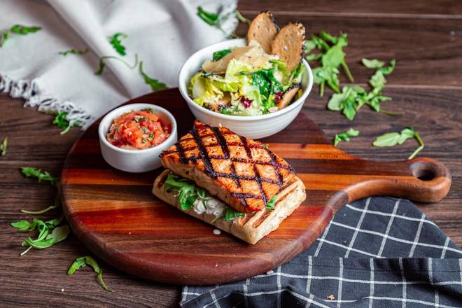 Order Open-Face Grilled Salmon - available until 3pm food online from Pinstripes store, Northbrook on bringmethat.com