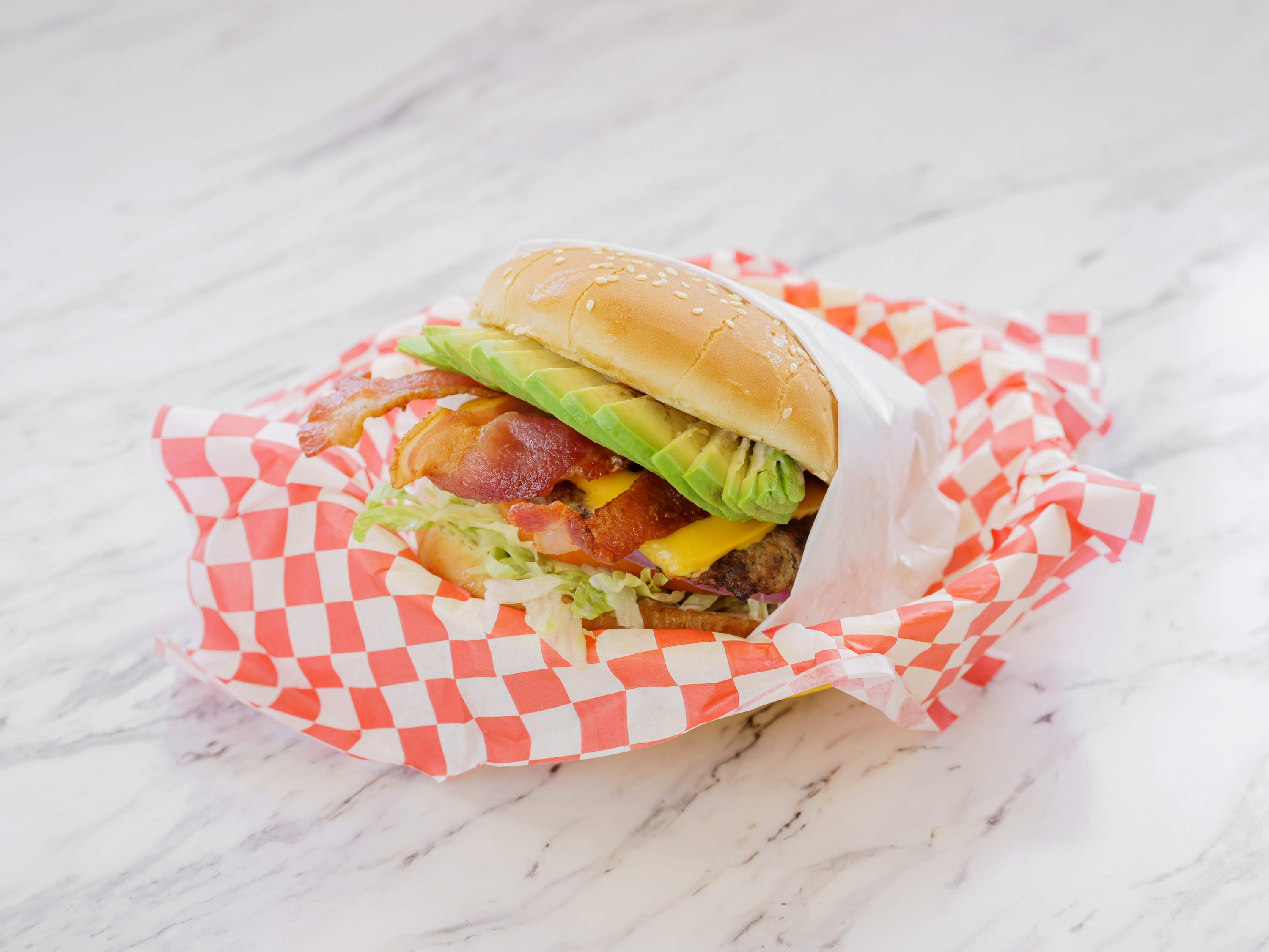 Order Avocado Bacon Cheeseburger Lunch food online from Yellow Basket store, Carson on bringmethat.com