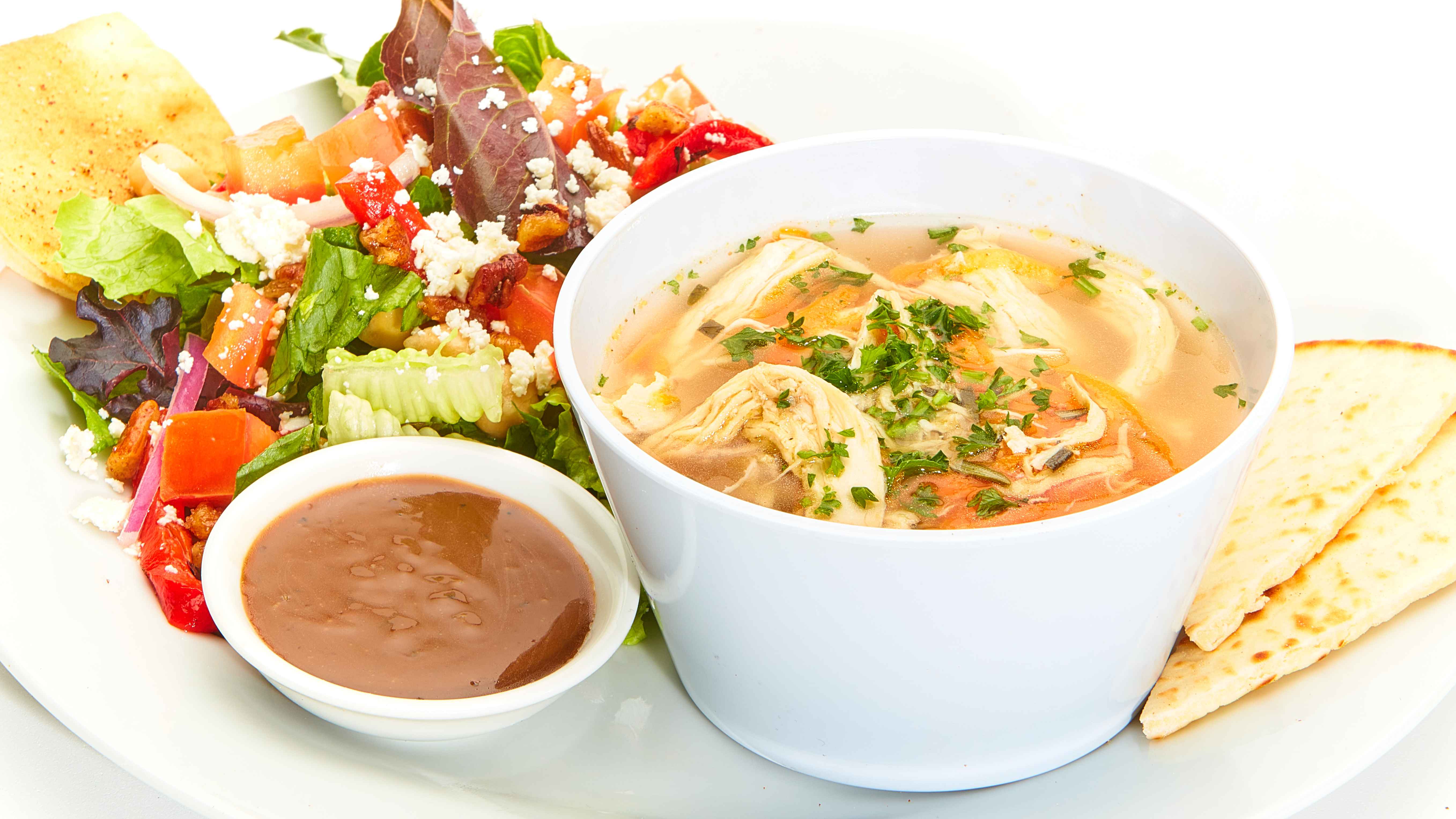Order Soup with Greek Salad food online from Taziki's Mediterranean Cafe store, Charlotte on bringmethat.com