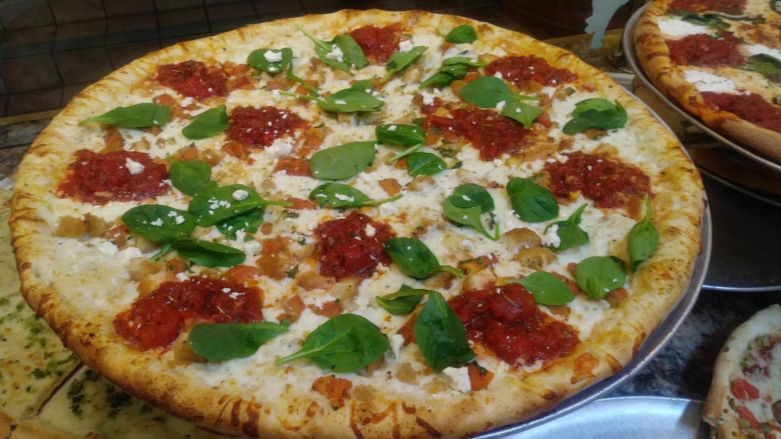 Order White Spinach, Ricotta & Tomato Pizza - Large 16'' food online from Oakdale Pizza store, Johnson City on bringmethat.com