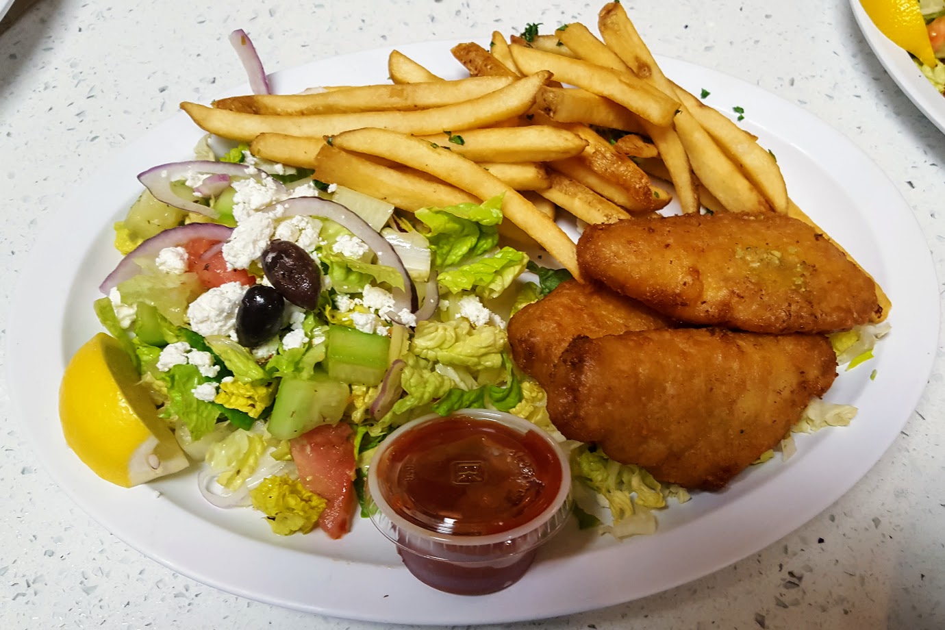 Order Fish and Chips Plate food online from Mikonos Grill store, Milpitas on bringmethat.com