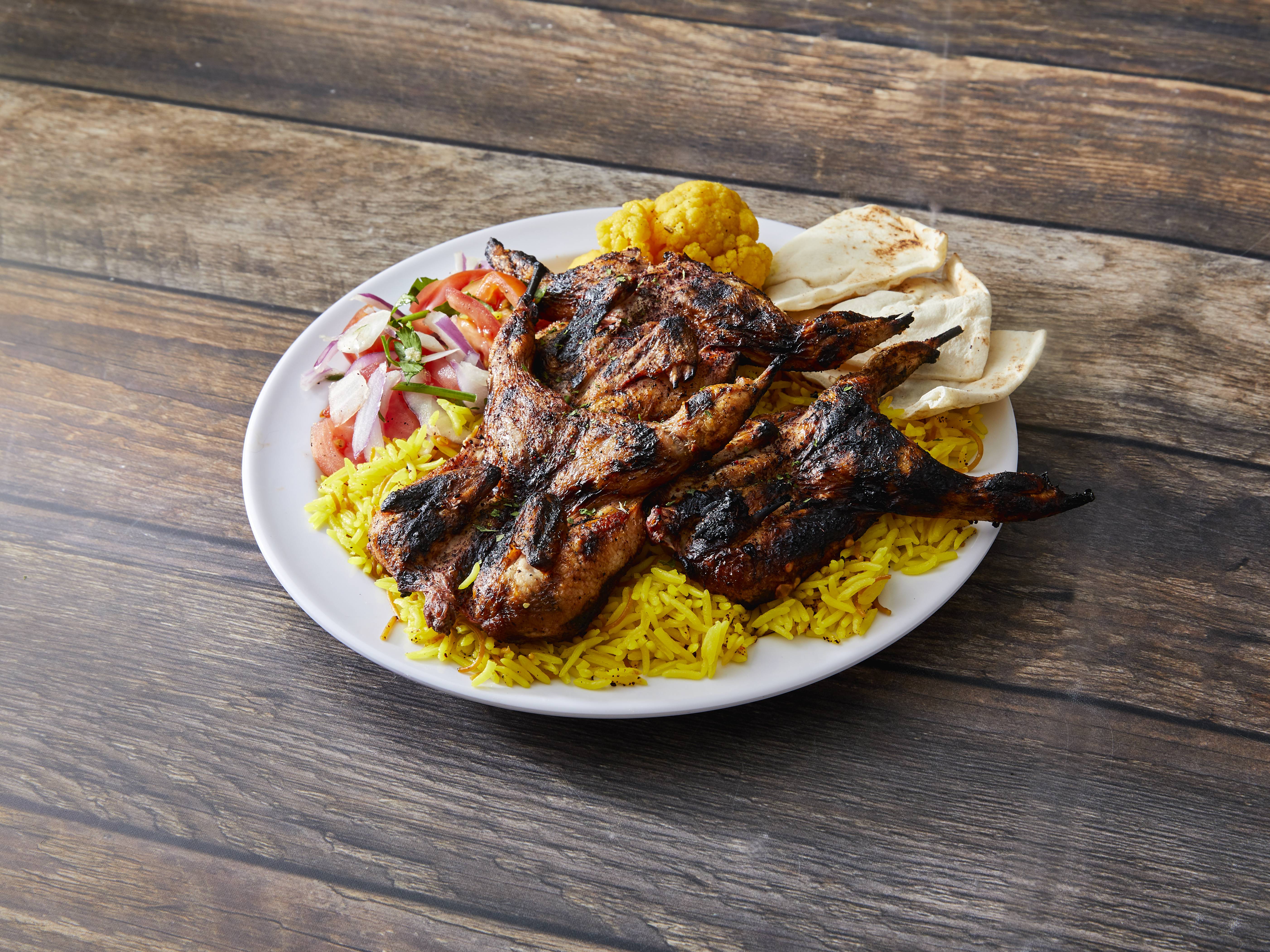 Order 3 Pieces Quails Dinner Plate food online from Detroit Kabob House store, Niles on bringmethat.com