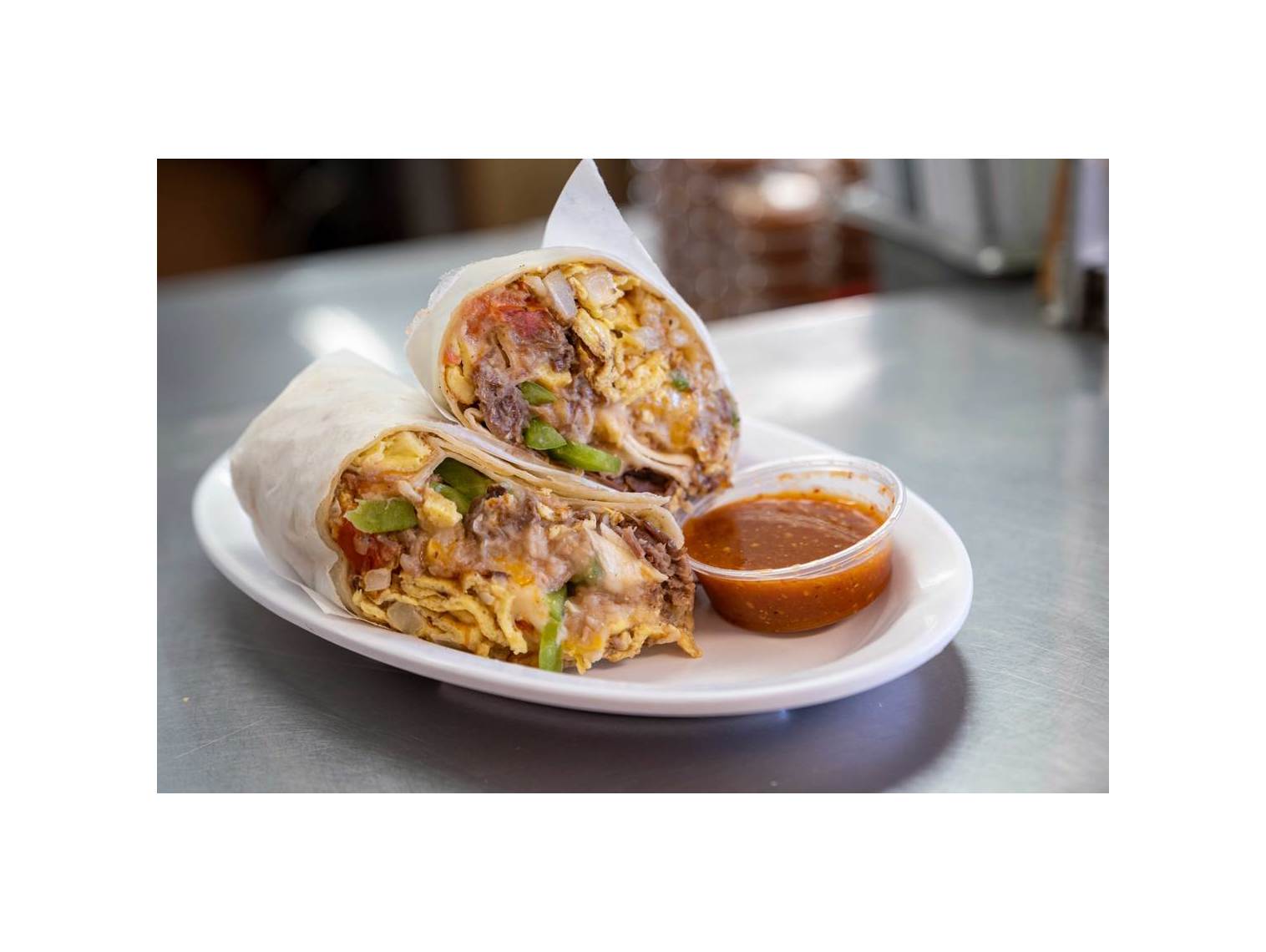 Order Machaca Breakfast Burrito food online from Norm Famous Burgers store, Whittier on bringmethat.com