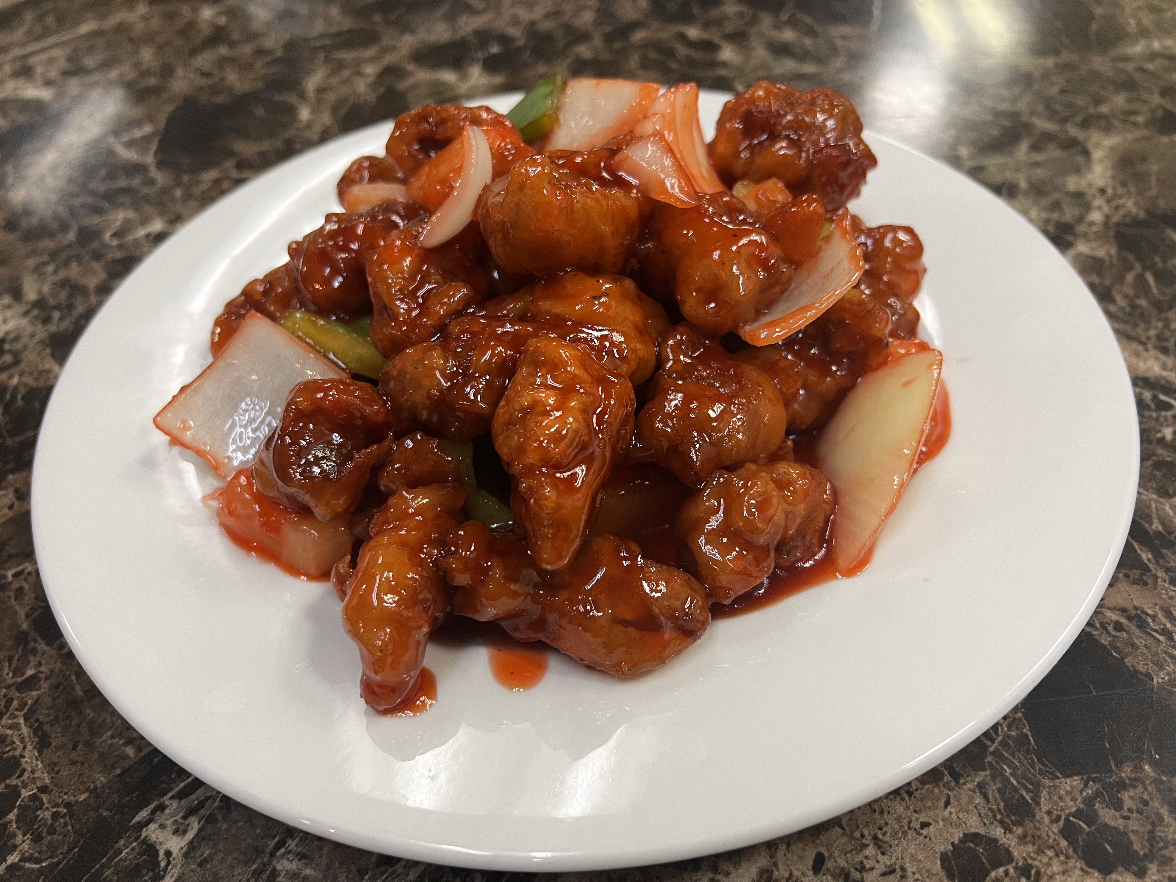 Order 75. Sweet and Sour Pork food online from King Kong Chinese Restaurant store, Oakland on bringmethat.com