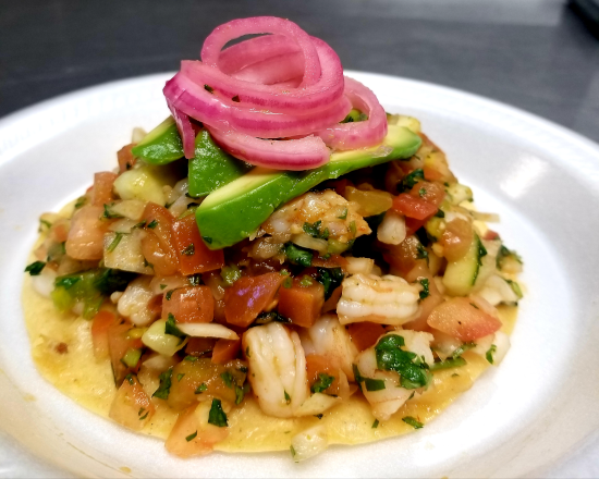 Order Spicy Shrimp Ceviche Tostada food online from Fuego Mexican Kitchen store, Las Vegas on bringmethat.com