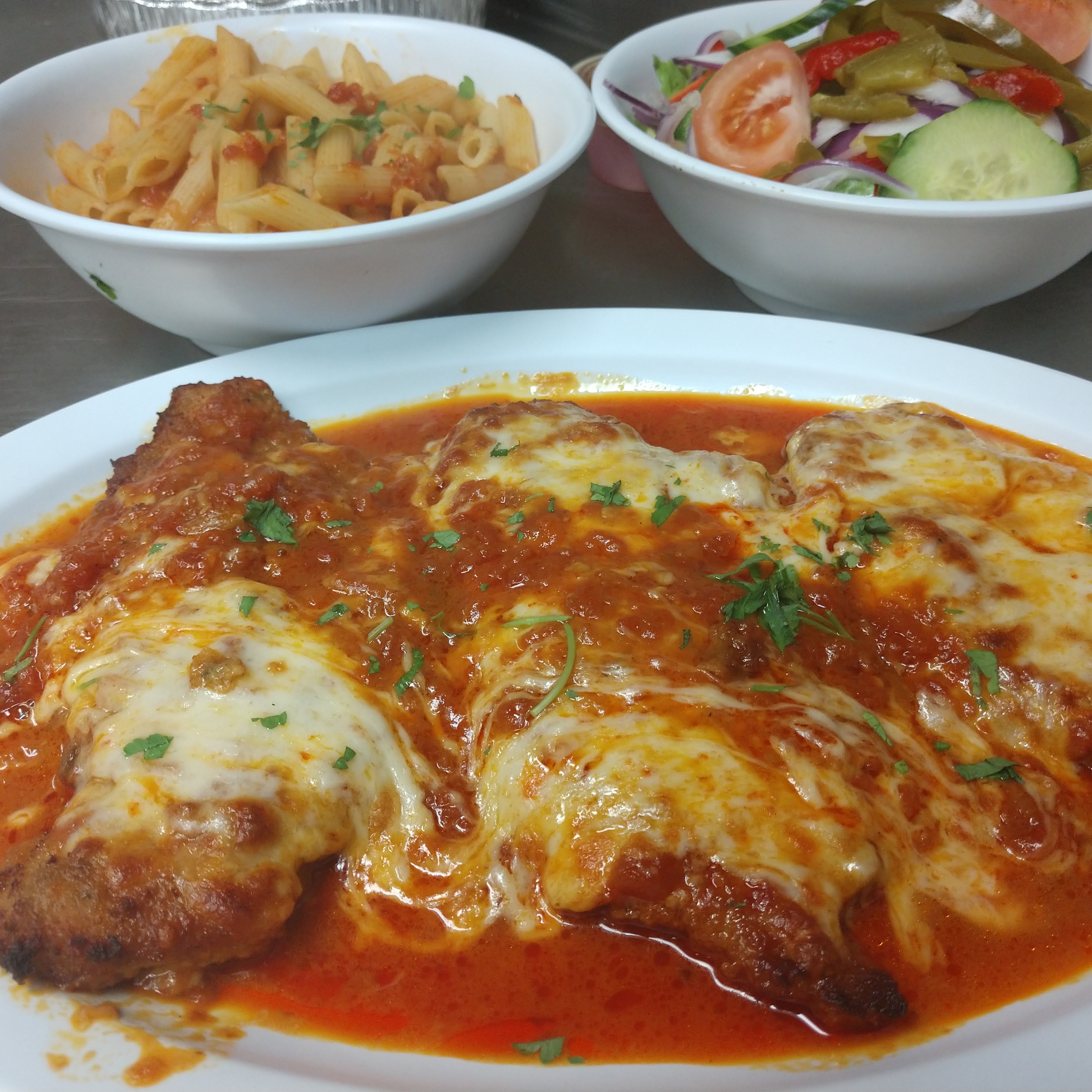 Order Veal Parmigiana Dinner food online from Pizzarelli's Pizza store, Scarsdale on bringmethat.com