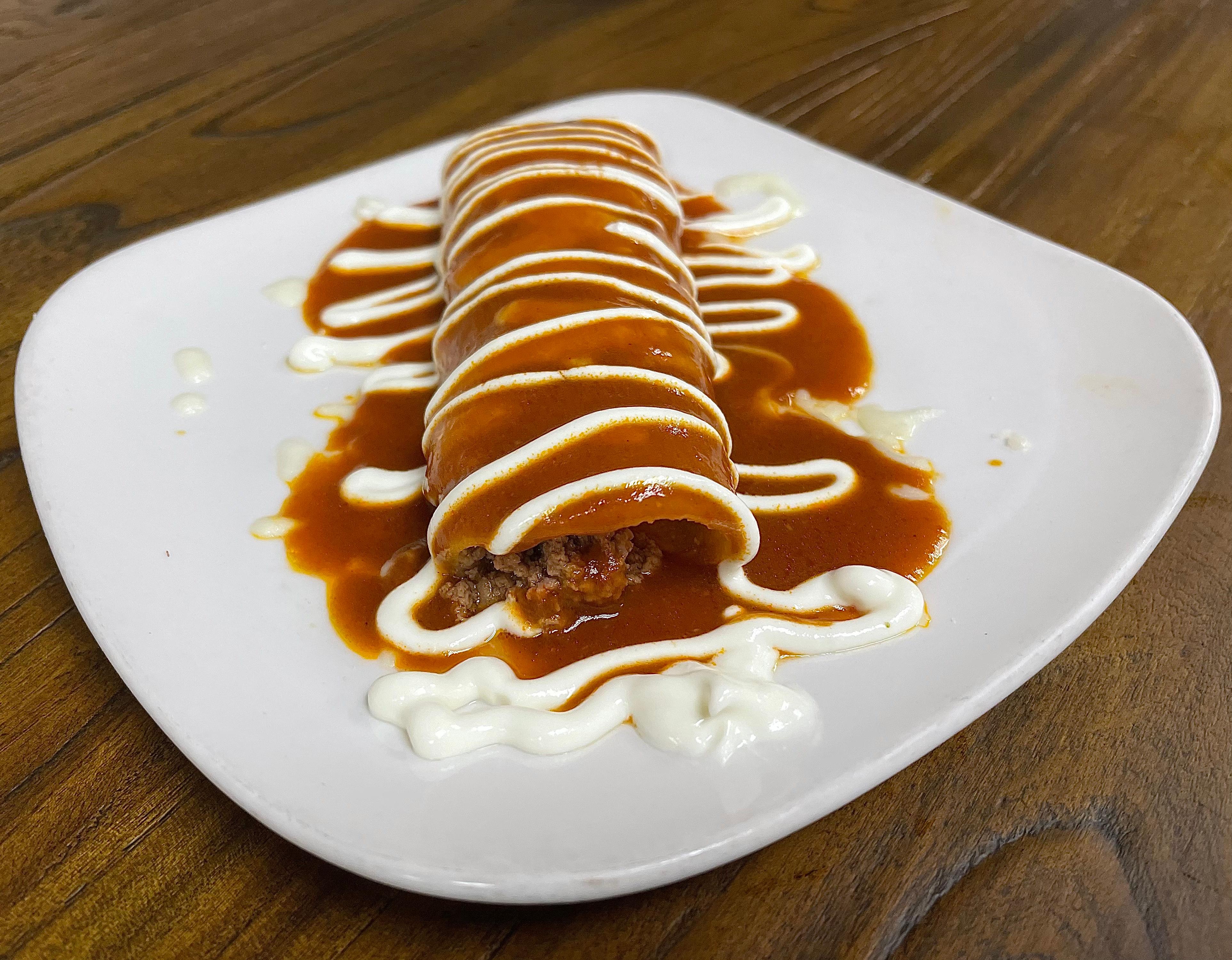 Order Side Beef Enchilada Roja food online from Totopo Mexican Kitchen And Bar store, Pittsburgh on bringmethat.com
