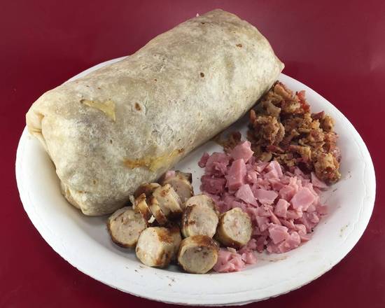 Order 6. All Meat Breakfast Burrito food online from Michael's Burgers store, Canoga Park on bringmethat.com