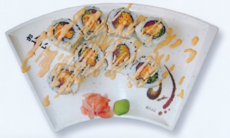 Order 8 Piece Spicy Salmon Crunch Roll food online from Oasis International Cuisine store, Morrow on bringmethat.com