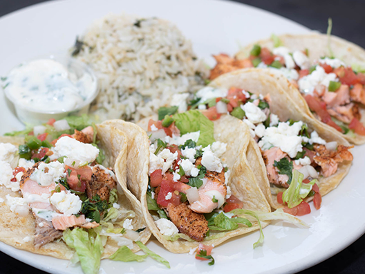 Order Atlantic Salmon Tacos food online from Rockfish Seafood Grill store, McKinney on bringmethat.com