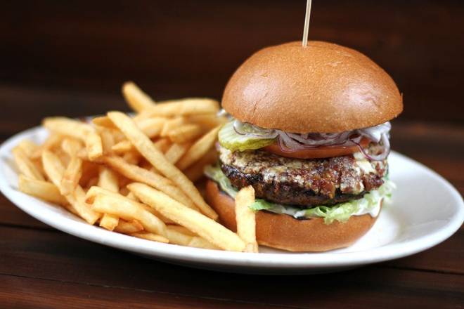 Order Black + Blue Burger* food online from Lazy Dog Restaurant & Bar store, Peachtree Corners on bringmethat.com