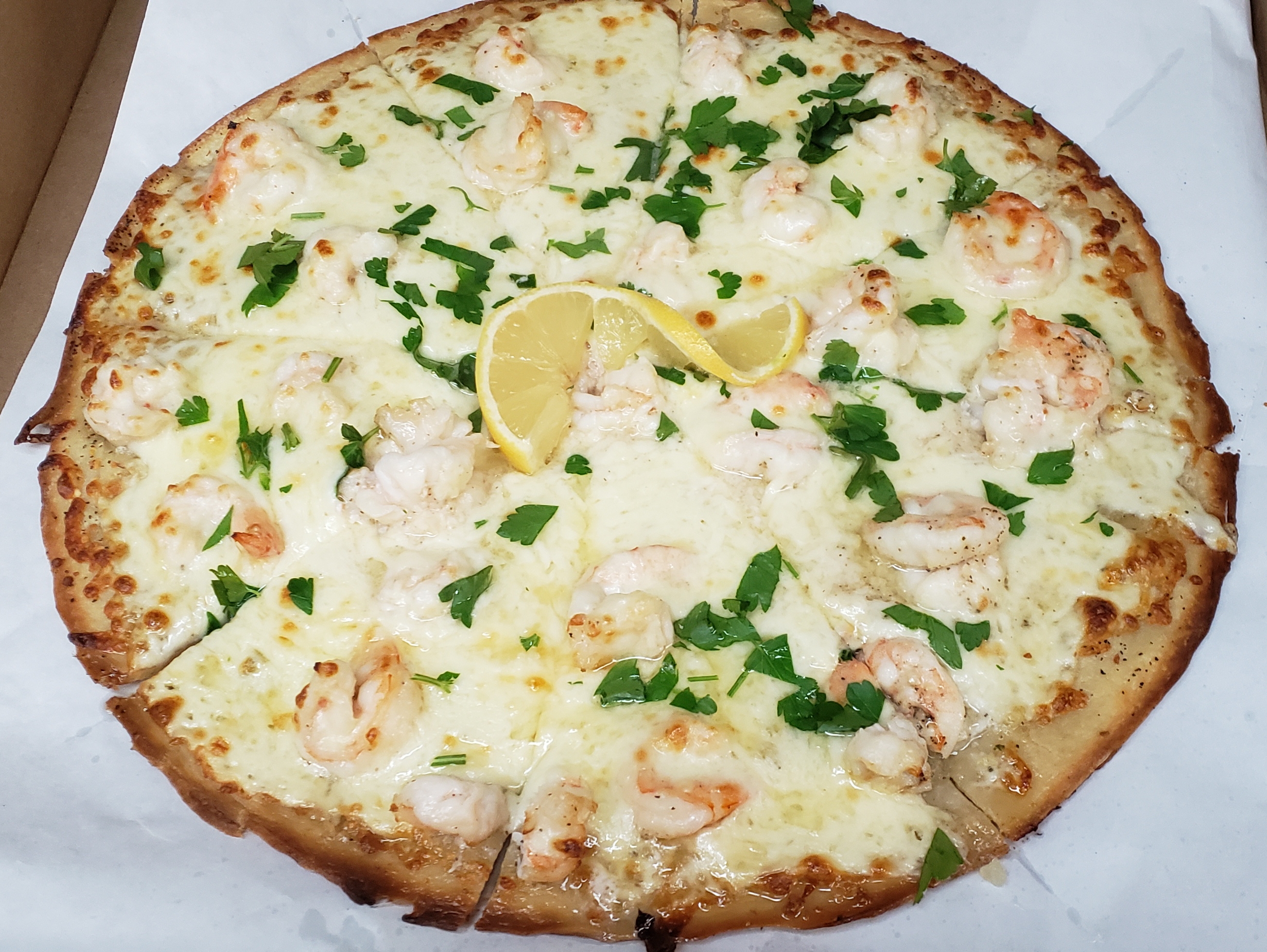 Order Shrimp Scampi Pizza food online from Our Original Pizzeria store, Schenectady on bringmethat.com