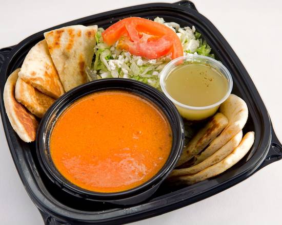 Order Roasted Red Pepper Soup with Pita and Bowl of Salad food online from Pita Plus store, Greensboro on bringmethat.com