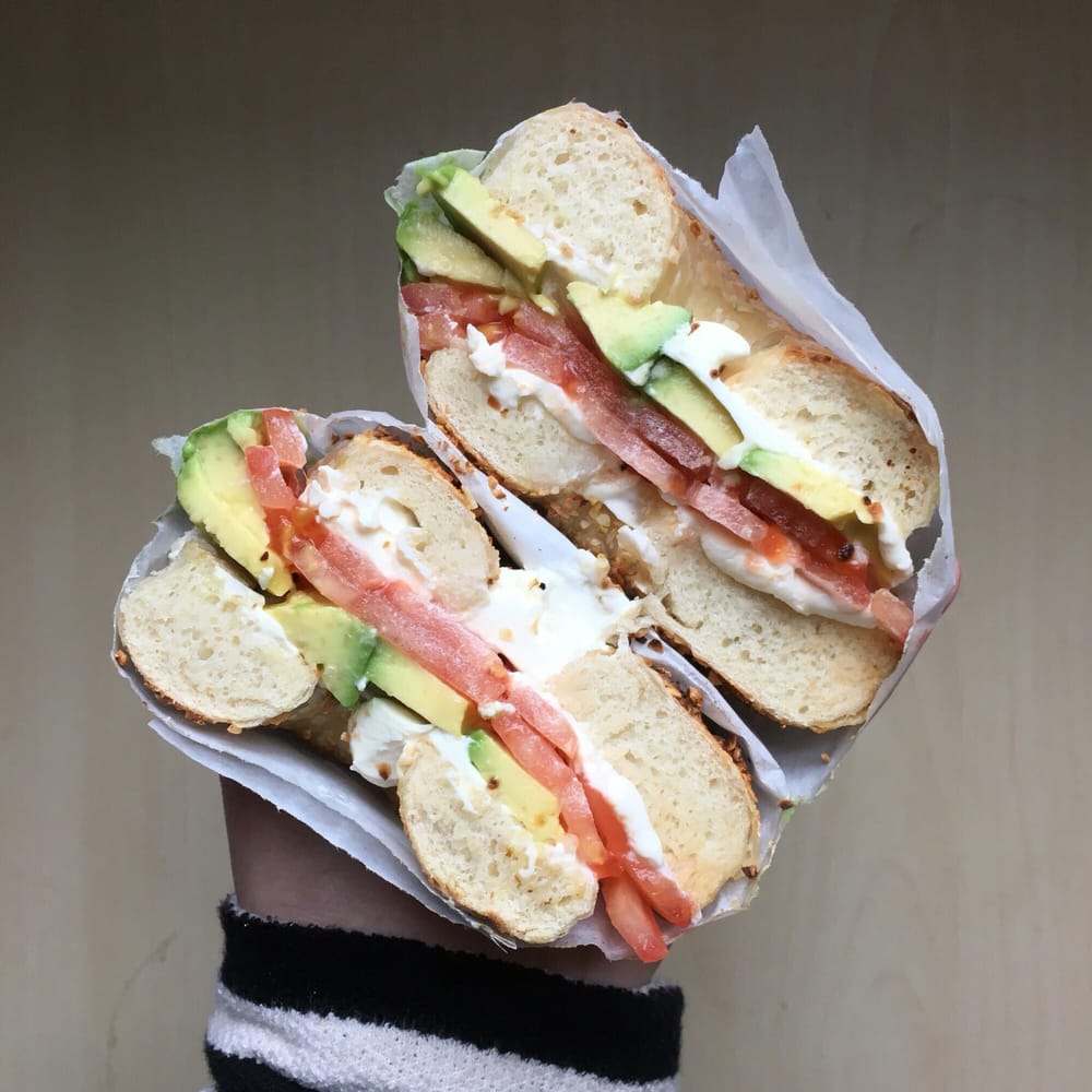 Order Bagel with Cream Cheese, Avocado, Tomatoes food online from Six Corners Café store, North Bergen on bringmethat.com