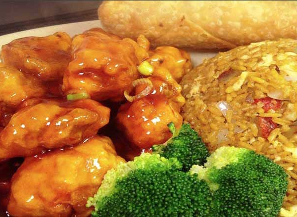 Order Orange chicken Combination Plate food online from China Wok Express store, St. Louis on bringmethat.com