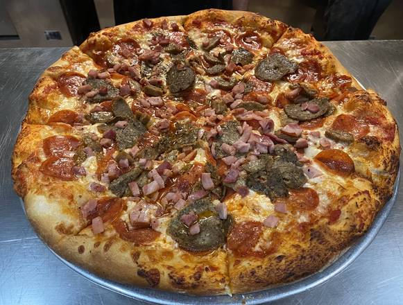 Order Meat Lovers Pizza food online from Mineos Pizza & Wings store, Franklin on bringmethat.com