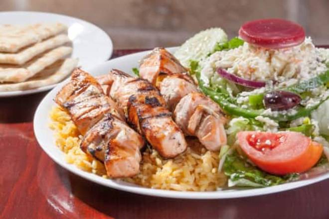 Order Salmon Skewers with Rice & Greek Salad Dinner food online from The Little Greek store, Boardman on bringmethat.com