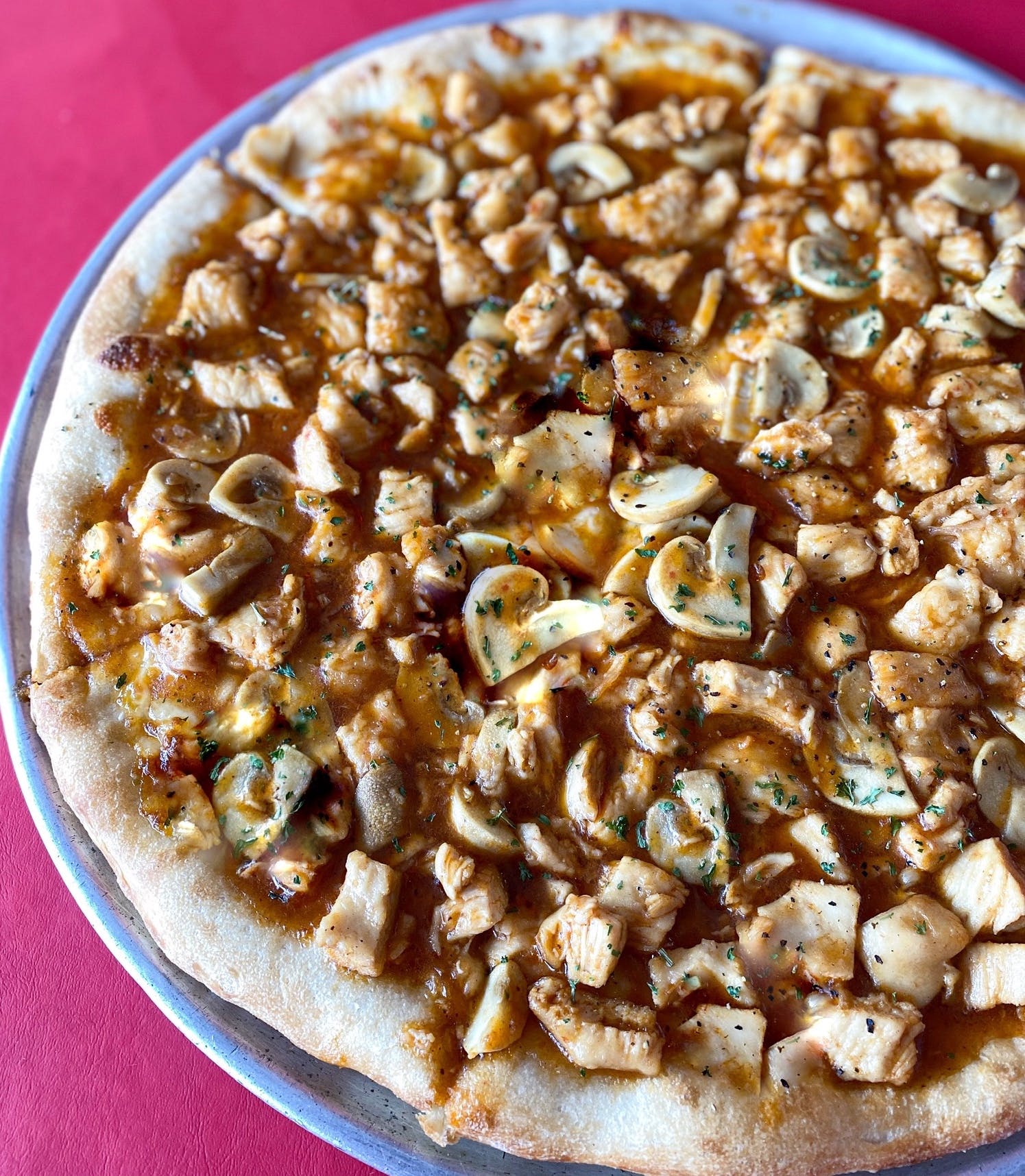 Order Chicken Marsala Pie - Personal 12'' food online from Sergio's Pizzeria & Restaurant store, Glen Head on bringmethat.com