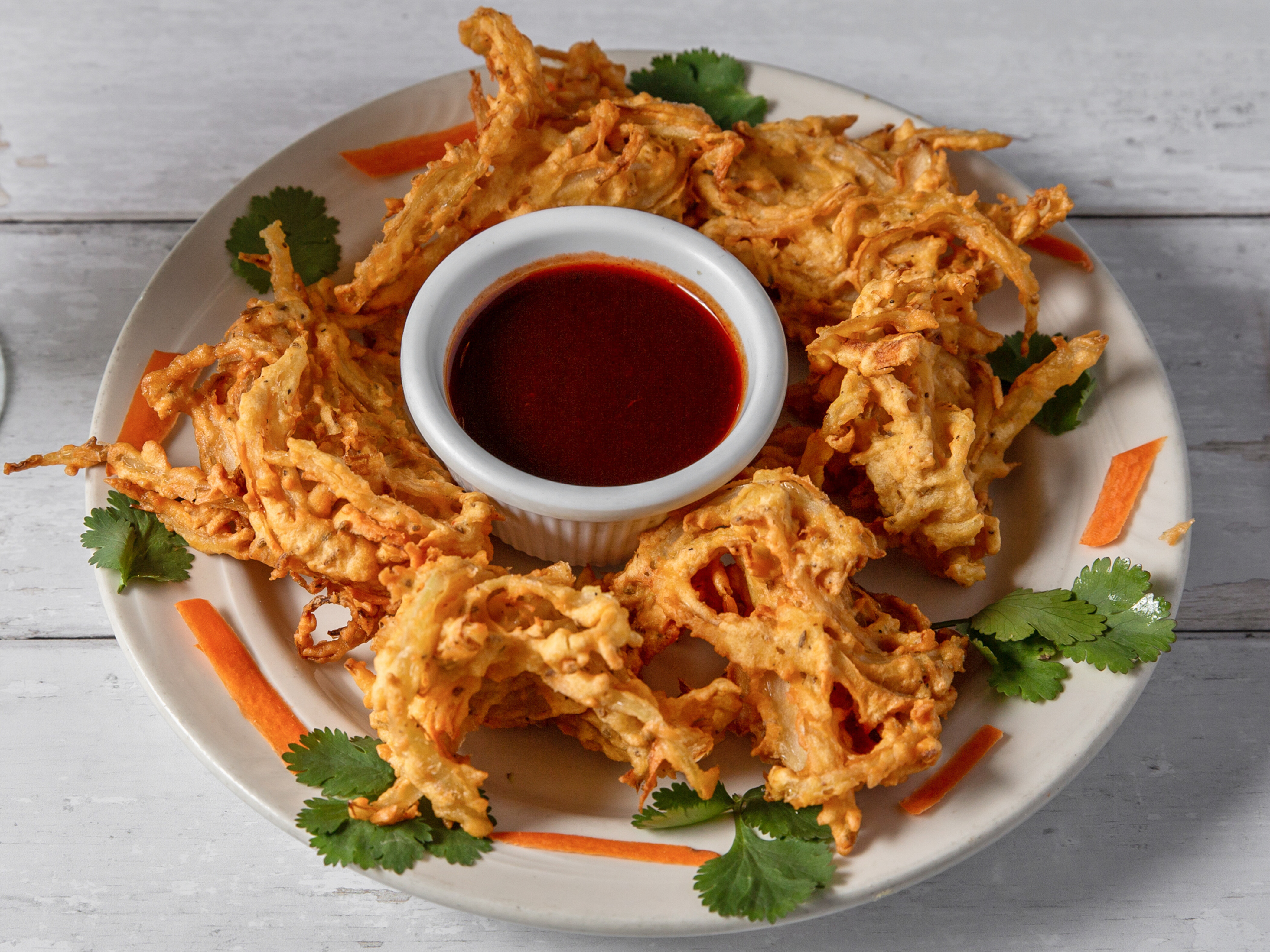 Order Onion Bhajia(V) food online from The Clay Oven Indian Restaurant store, Roxbury Township on bringmethat.com