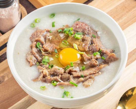 Order Beef and Raw Egg Porridge food online from Shooting Star Cafe store, Oakland on bringmethat.com