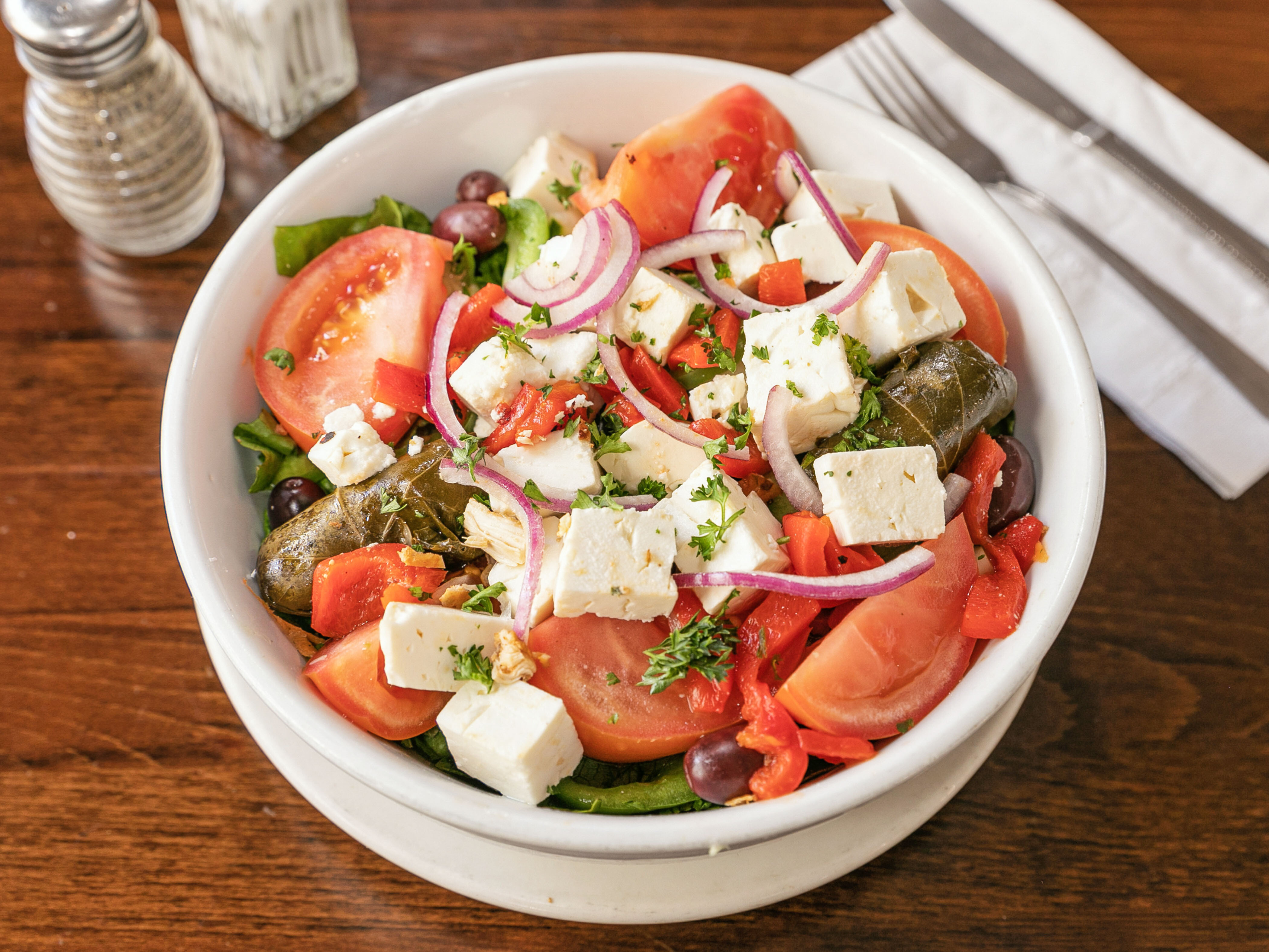Order Greek Salad food online from Eat here now store, New York on bringmethat.com
