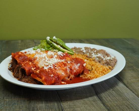 Order New! Beef Barbacoa Enchiladas food online from Benny's Tacos & Chicken Rotisserie - Culver City store, Los Angeles on bringmethat.com