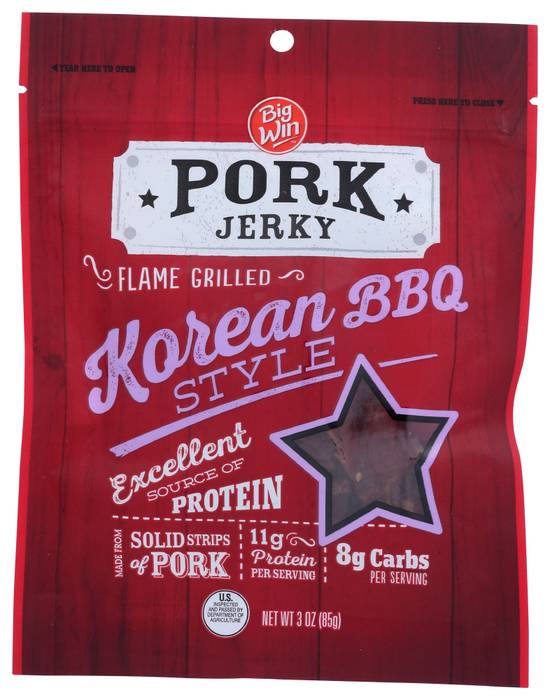 Order Big Win Pork Jerky Korean BBQ (3 oz) food online from Rite Aid store, Eugene on bringmethat.com
