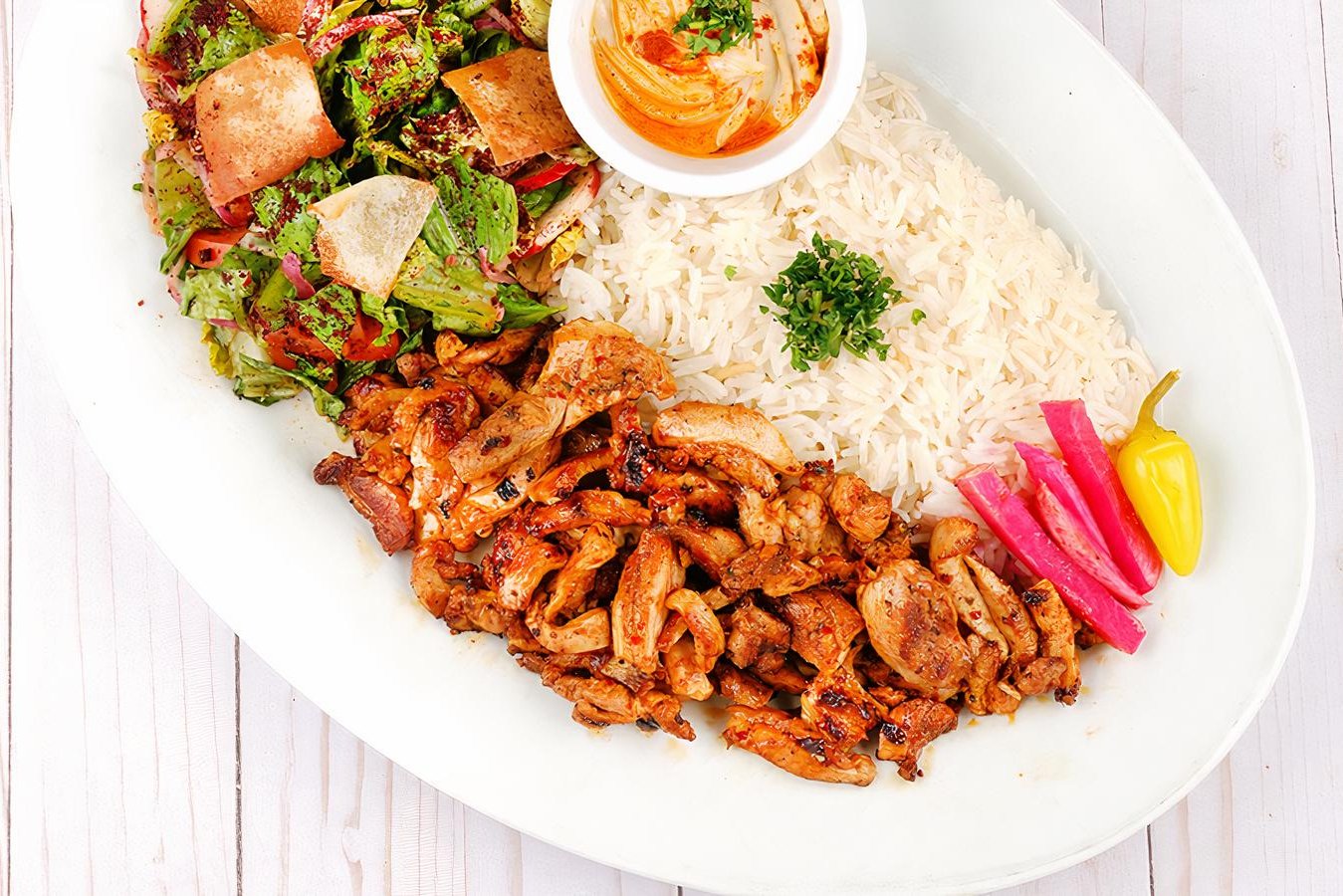 Order Chicken Shawarma Plate food online from Tarme Mediterranean Grill store, Glendale on bringmethat.com