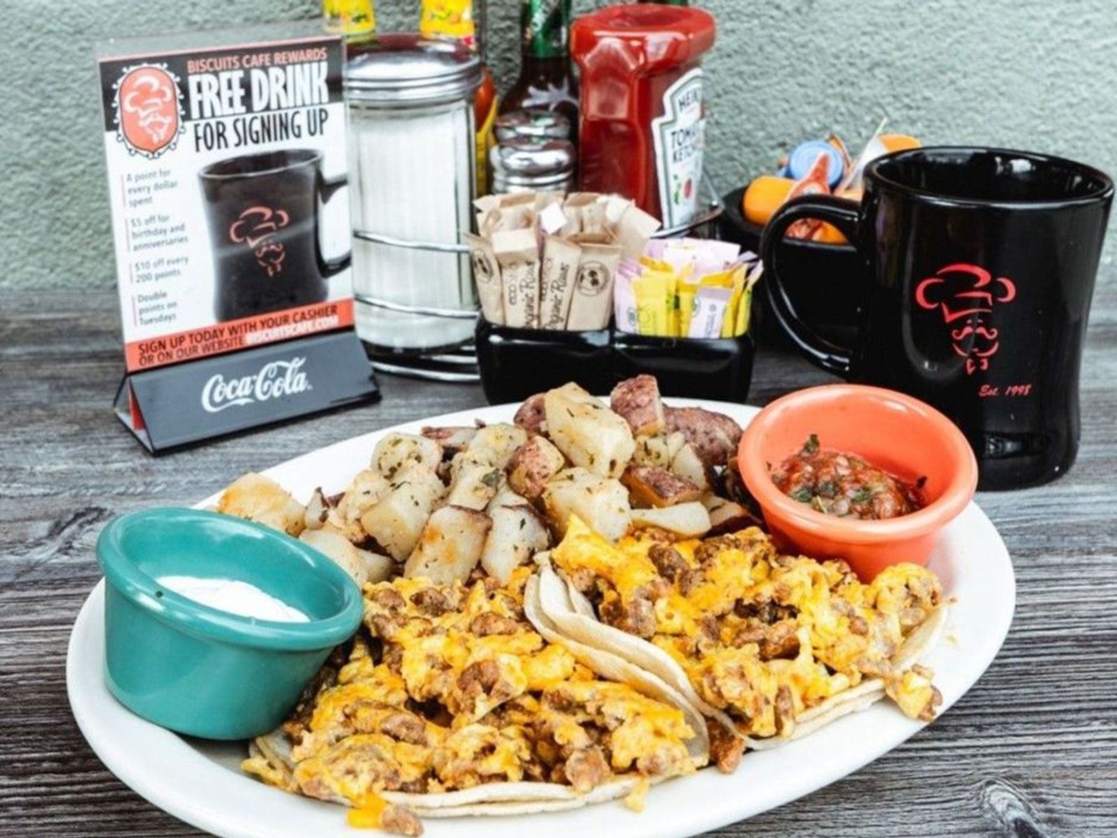 Order Breakfast Tacos - OO food online from Biscuits Cafe store, Chandler on bringmethat.com