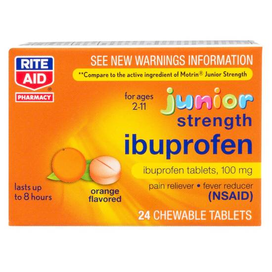 Order Rite Aid Junior Strength Ibuprofen Chewable Tablets Orange 100mg (24 ct) food online from Rite Aid store, Ashtabula on bringmethat.com