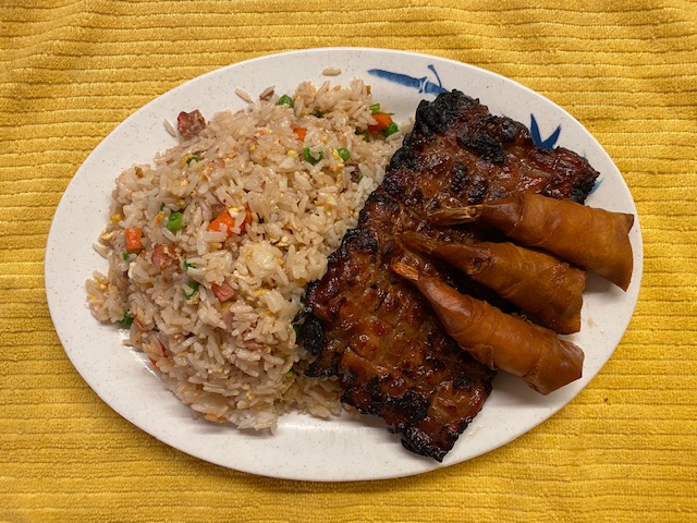 Order 58. Grilled Pork & Shrimp-Roll over Fried Rice food online from Bayon Restaurant store, Stockton on bringmethat.com