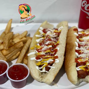 Order Combo 2 Hot Dogs + Papas Fritas + Soda food online from Taqueria La Korita store, Phoenix on bringmethat.com