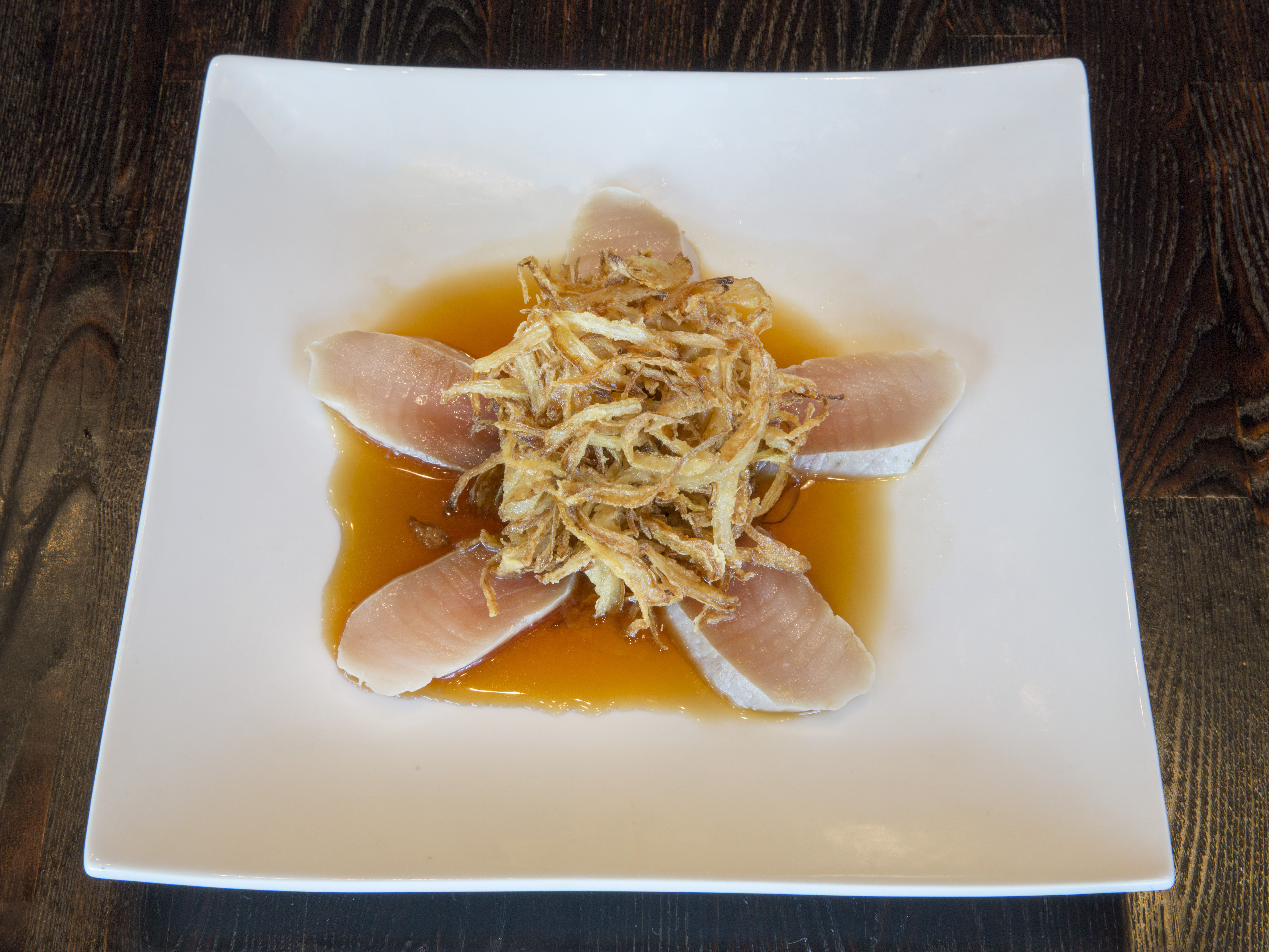 Order SS1. Crunch Onion Albacore food online from Mikomi Sushi store, Monrovia on bringmethat.com