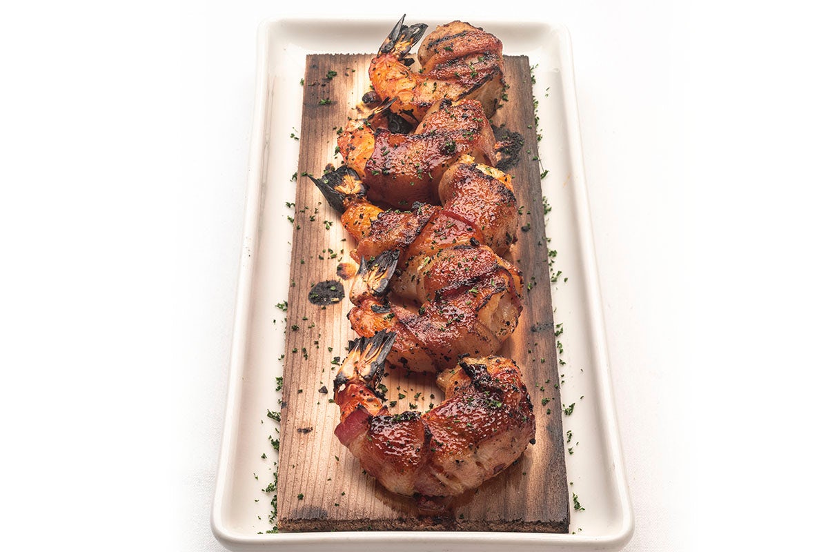 Order BBQ- Bacon-wrapped Cedar Plank Shrimp food online from Perry Steakhouse & Grille store, Dallas on bringmethat.com