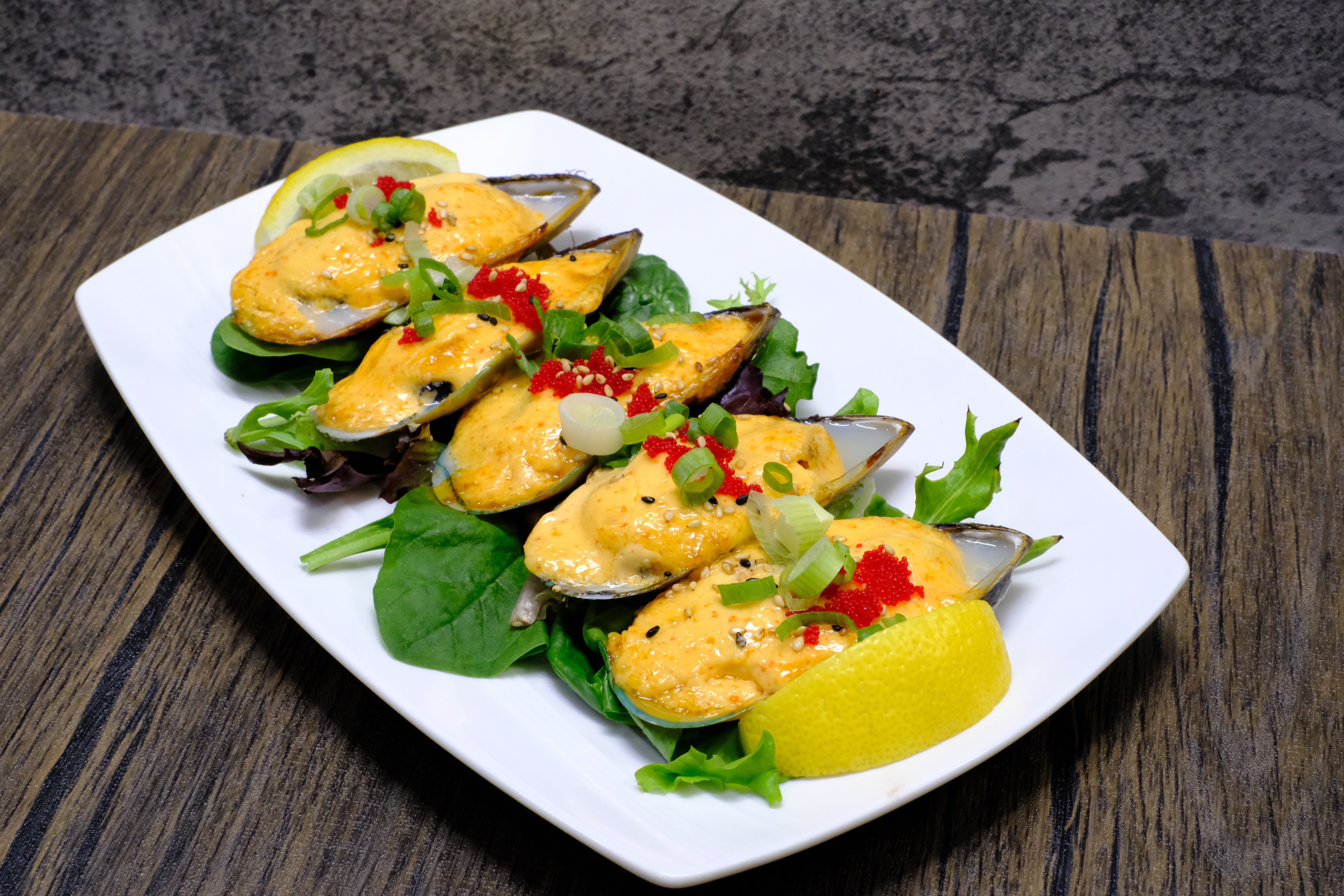 Order Baked Mussels food online from Banzai Japanese Bar & Kitchen store, Fresno on bringmethat.com
