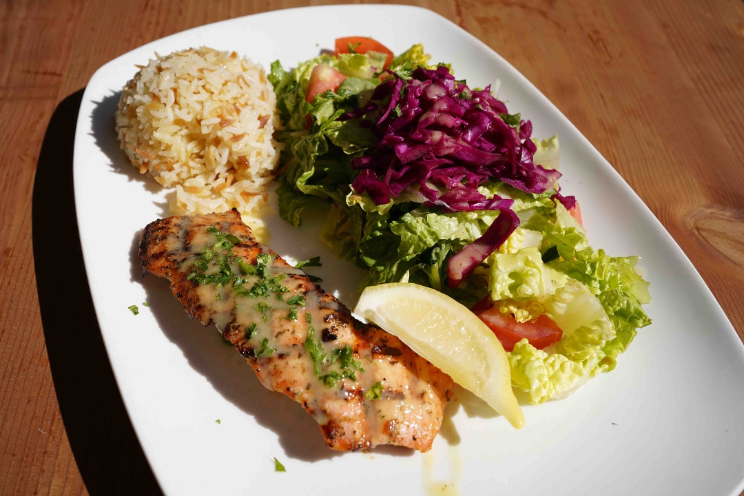 Order Grilled Salmon Plate food online from Pasha Mediterranean store, Redwood City on bringmethat.com