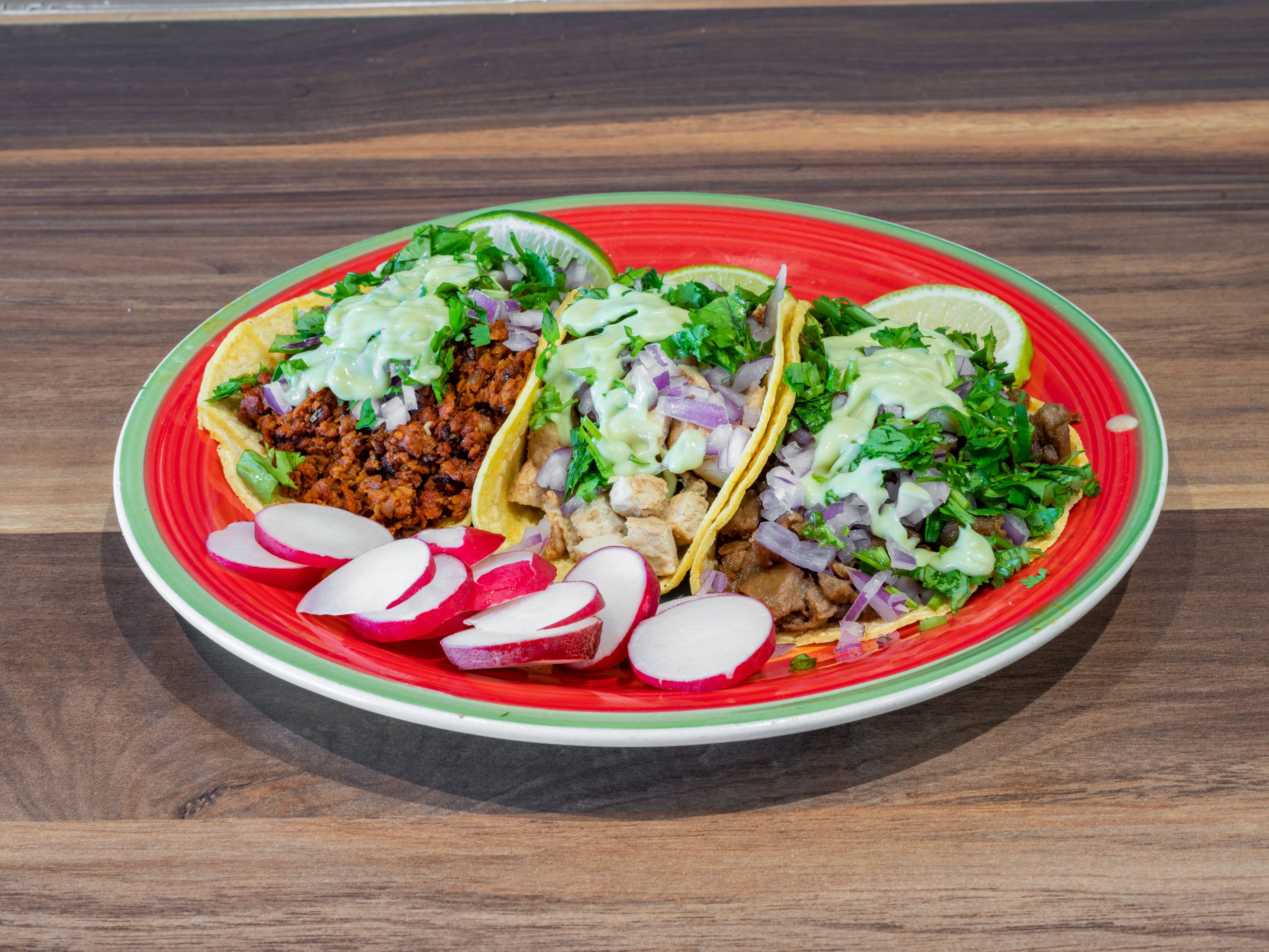 Order Tres Tacos Estilo Tijuana food online from Veganixima store, Orange on bringmethat.com