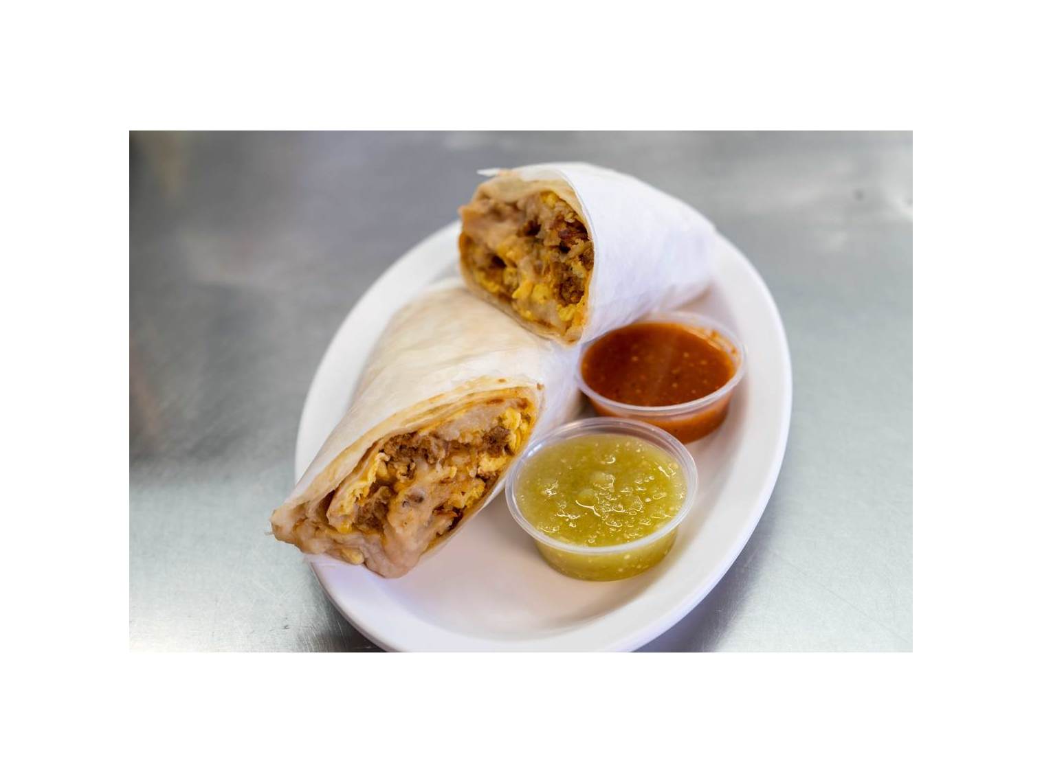 Order Chorizo Breakfast Burrito food online from Norm Famous Burgers store, Whittier on bringmethat.com