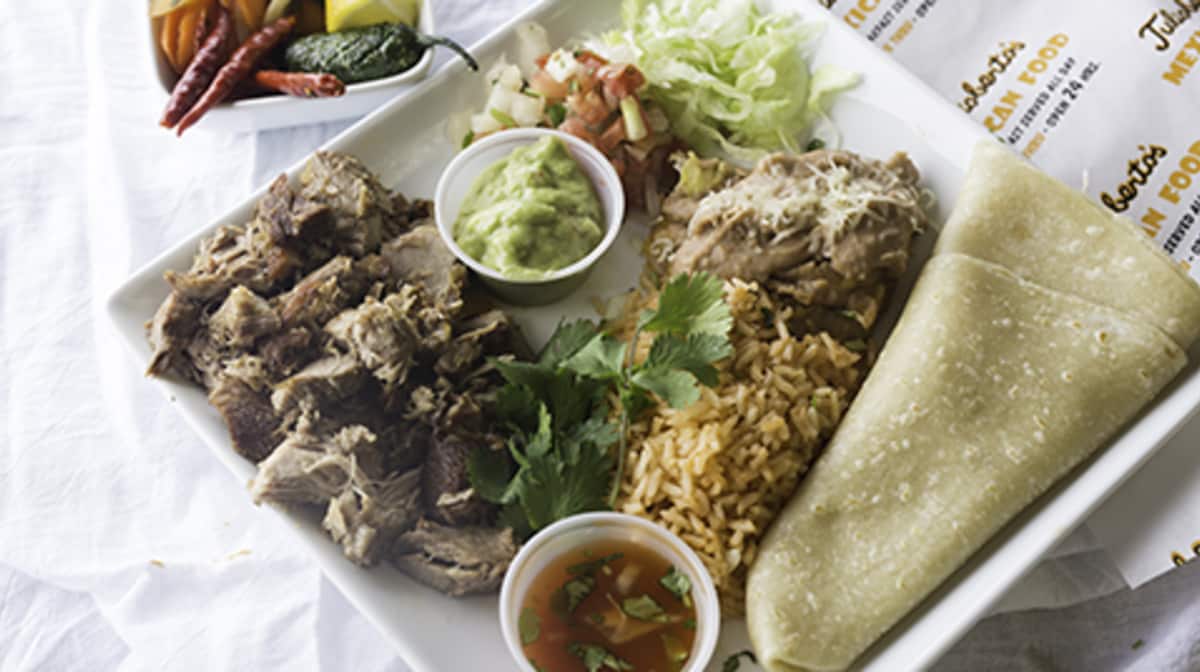 Order No 16. Carnitas Plate food online from Julioberto's Fresh Mexican Food store, Phoenix on bringmethat.com