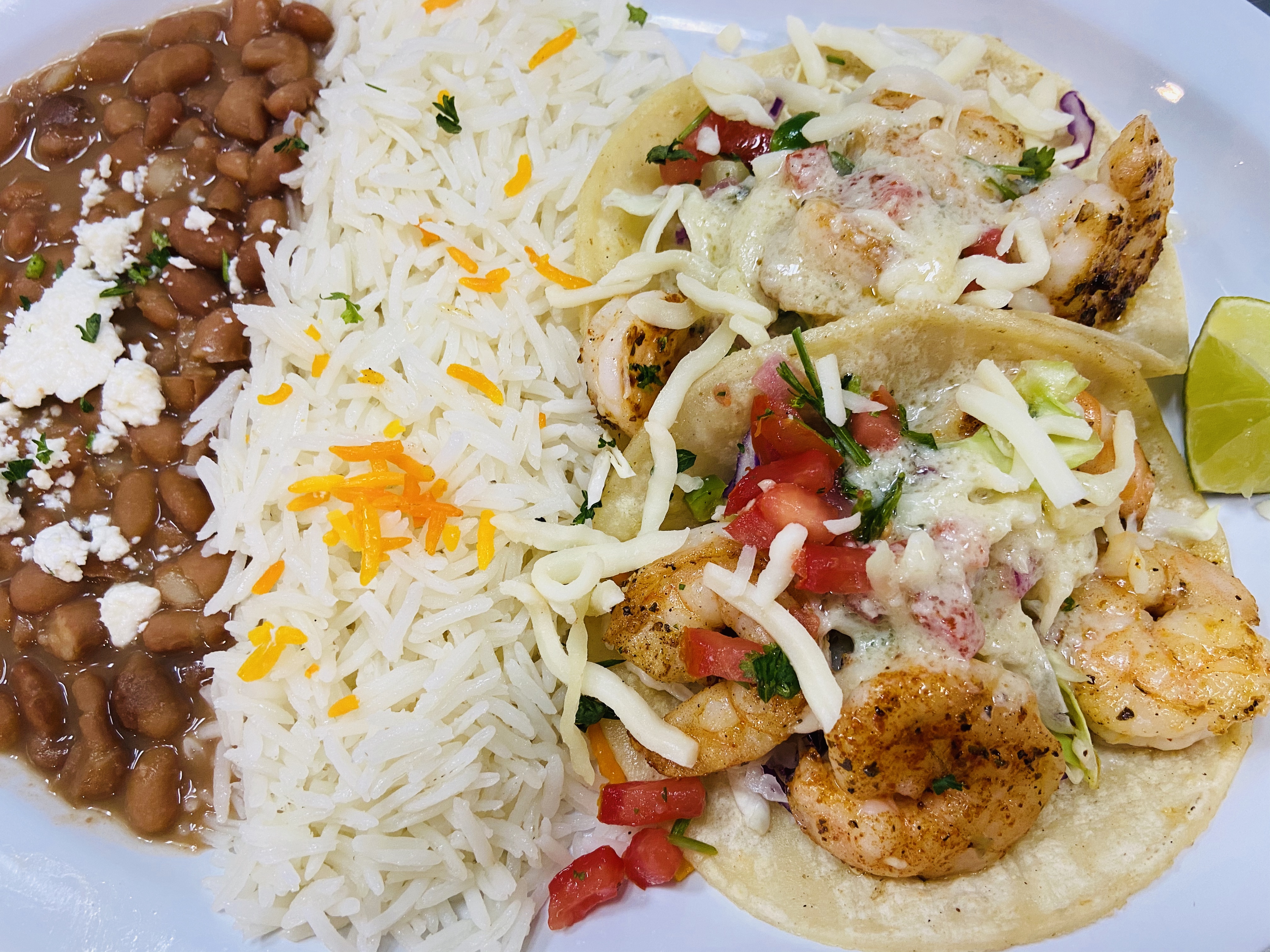Order Grilled Shrimp Taco Plate food online from Off The Boat Fish Grill store, Tustin on bringmethat.com