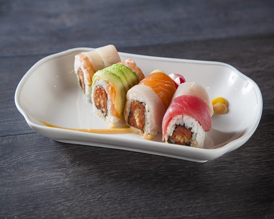 Order FR7 Spicy Rainbow Roll 8pcs food online from Ginza Sushi store, Torrance on bringmethat.com
