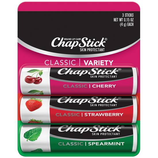 Order ChapStick Classic Lip Balm Spearmint, Cherry and Strawberry (0.15 oz x 3 ct) food online from Rite Aid store, Cortland on bringmethat.com