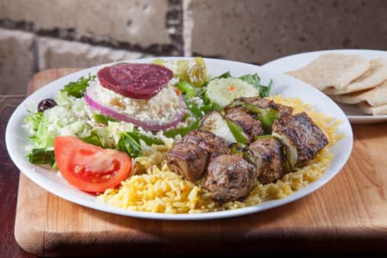 Order Steak Skewers with Rice & Greek Salad food online from Little Greek Fresh Grill store, Youngstown on bringmethat.com