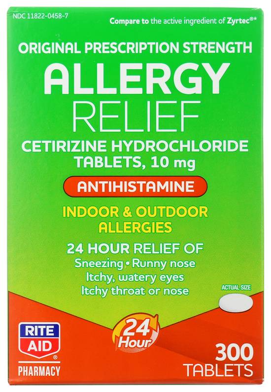 Order Rite Aid Cetirizine 24 Hour Allergy Relief Tablets 10 mg (300 ct) food online from Rite Aid store, BUTLER on bringmethat.com
