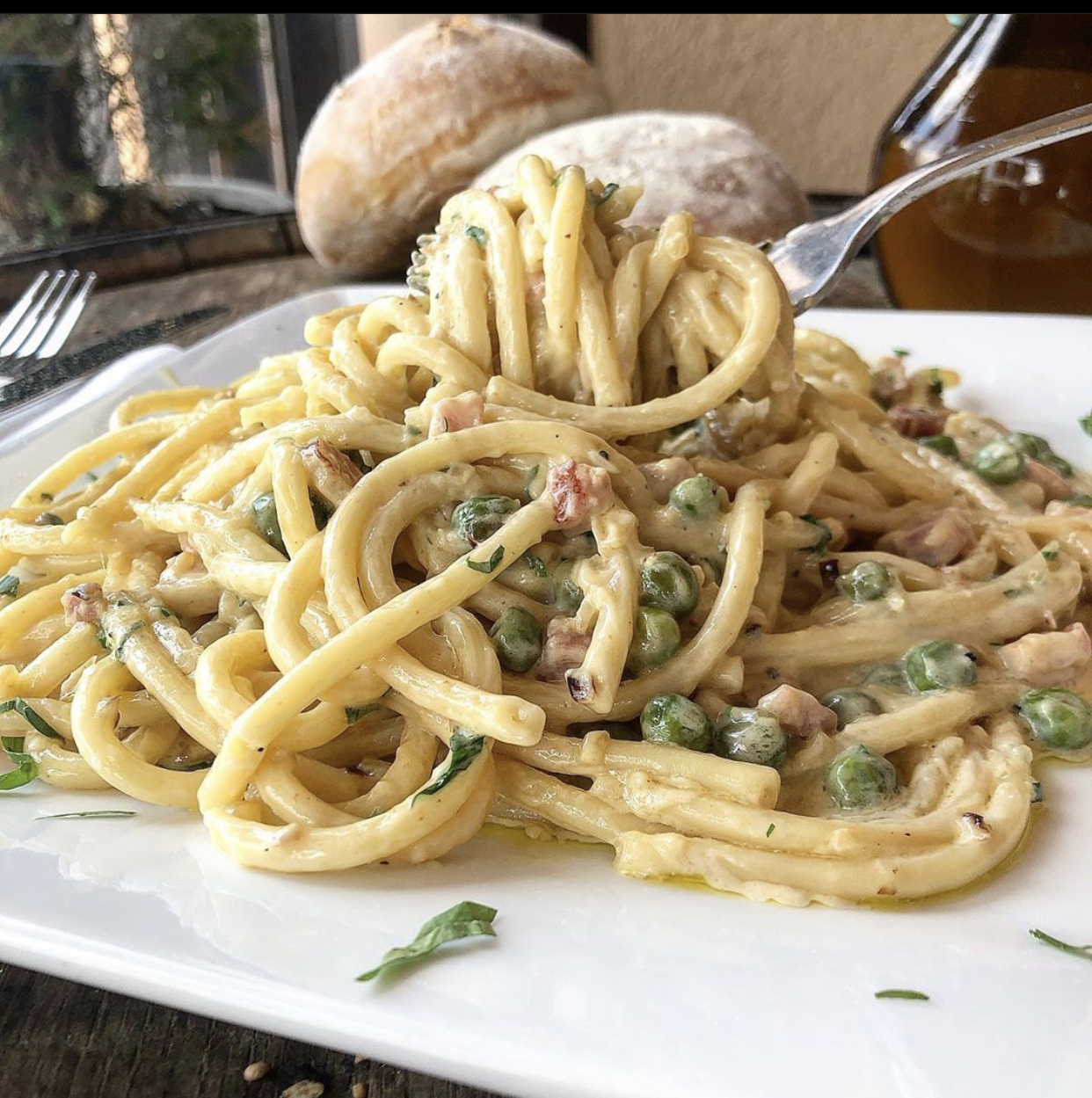 Order Fettuccini Carbonara Pasta food online from Panini Grill store, Freehold on bringmethat.com