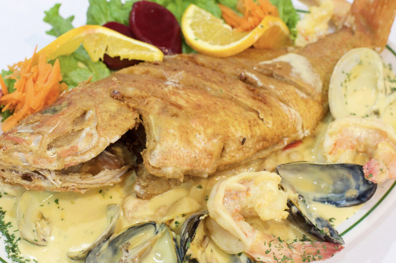 Order Pargo Marinado / Red Snapper Topped With Seafood food online from Mr. Mario store, College Point on bringmethat.com