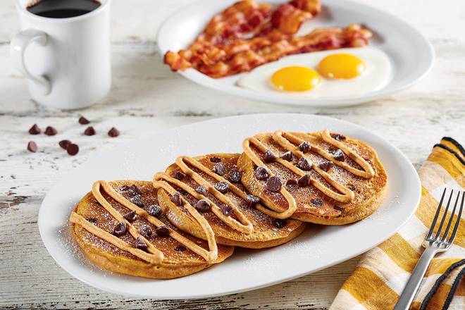 Order Pumpkin Chocolate Chip Pancake Platter food online from Huddle House store, Suffolk on bringmethat.com