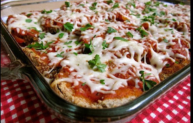 Order Eggplant Parmigiana Catering - Half Tray (8-12 People) food online from Lunetta pizza store, New York on bringmethat.com