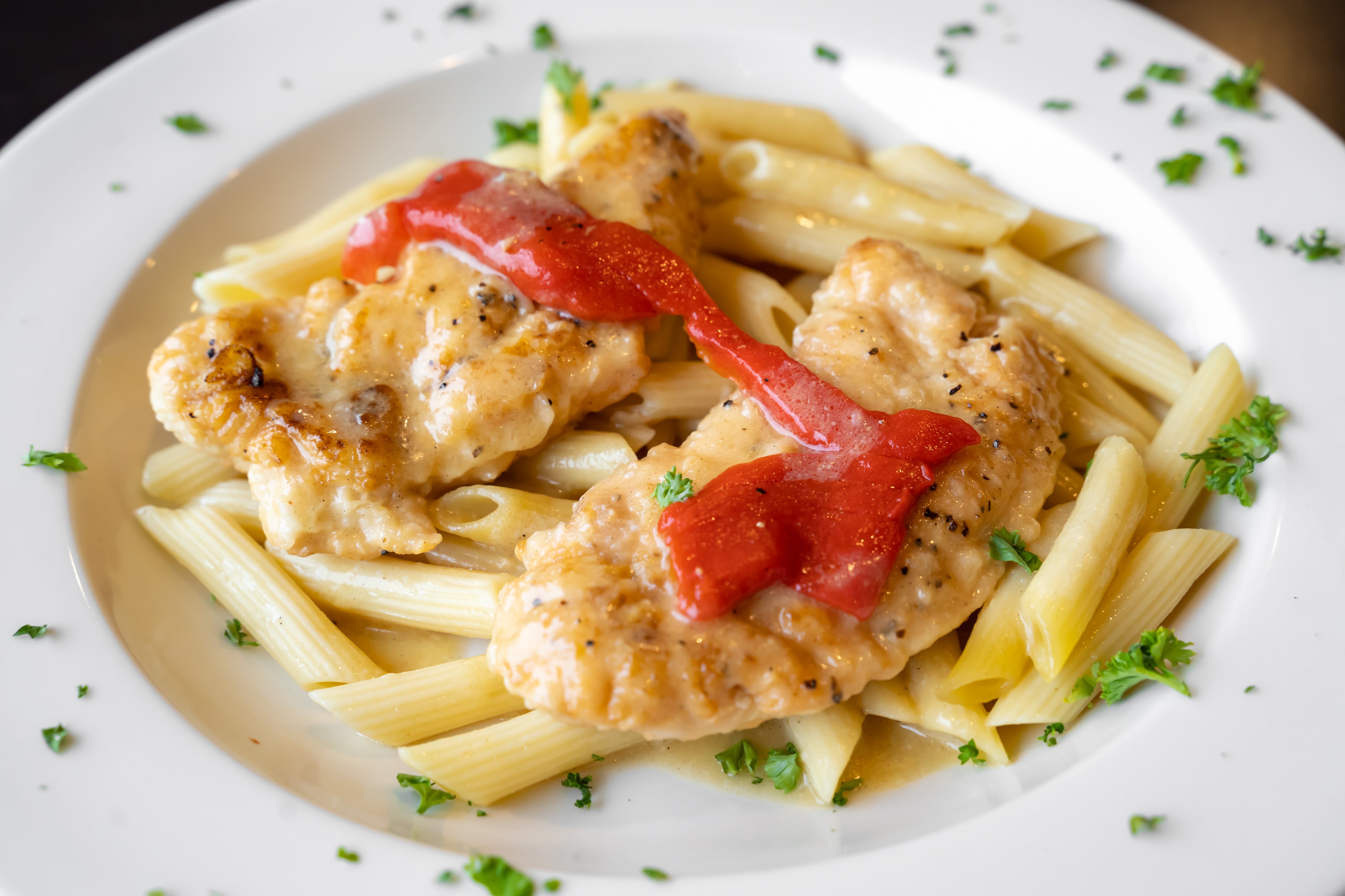 Order Chicken Francese Pasta - Pasta food online from Aldo & Manny Pizza & Pasta Ii store, Ridley Park on bringmethat.com